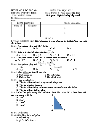 2 Đề kiểm tra Toán Lớp 8 - Học kì I - Năm học 2022-2023 - Trường Phổ thông Dân tộc Bán trú THCS Thải Giàng Phố (Có đáp án + Ma trận)