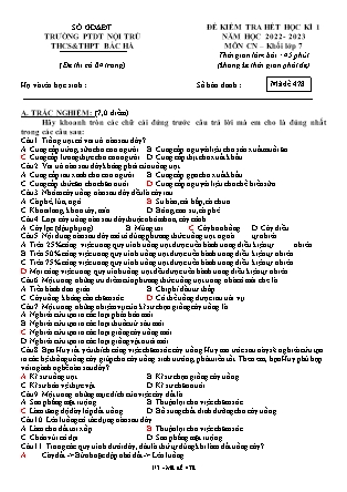 Đề kiểm tra Công nghệ 7 cuối học kì I - Mã đề 478 - Năm học 2022-2023 - Trường PTDT Nội trú THCS&THPT Bắc Hà (Có đáp án + Ma trận)