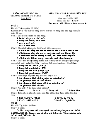 Đề kiểm tra Hóa học Lớp 9 giữa học kì I - Đề số 1 - Năm học 2022-2023 - Trường PTDTBT TH&THCS Bản Liền
