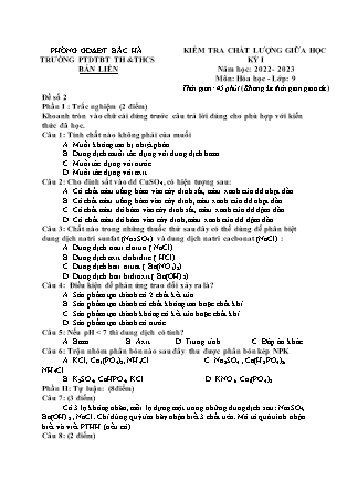 Đề kiểm tra Hóa học Lớp 9 giữa học kì I - Đề số 2 - Năm học 2022-2023 - Trường PTDTBT TH&THCS Bản Liền