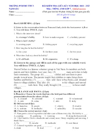 Đề kiểm tra Tiếng Anh Lớp 7 - Đề 1 - Năm học 2022-2023 - Trường Phổ thông Dân tộc Bán trú THCS Nậm Lúc (Có đáp án)