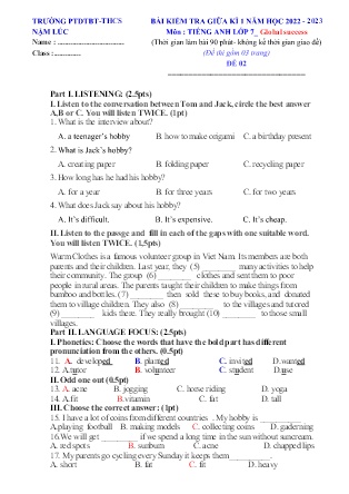 Đề kiểm tra Tiếng Anh Lớp 7 - Đề 2 - Năm học 2022-2023 - Trường Phổ thông Dân tộc Bán trú THCS Nậm Lúc (Có đáp án)