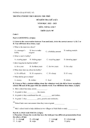Đề kiểm tra Tiếng Anh Lớp 7 giữa học kì I - Code 1 - Năm học 2022-2023 - Trường Phổ thông Dân tộc Bán trú Hoàng Thu Phố (Có đáp án)