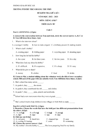Đề kiểm tra Tiếng Anh Lớp 7 giữa học kì I - Code 2 - Năm học 2022-2023 - Trường Phổ thông Dân tộc Bán trú Hoàng Thu Phố (Có đáp án)