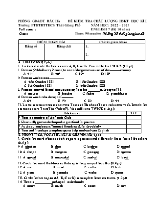 Đề kiểm tra Tiếng Anh Lớp 7 - Hệ 10 năm - Năm học 2022-2023 - Trường Phổ thông Dân tộc Bán trú THCS Thài Giàng Phố (Có đáp án + Ma trận)