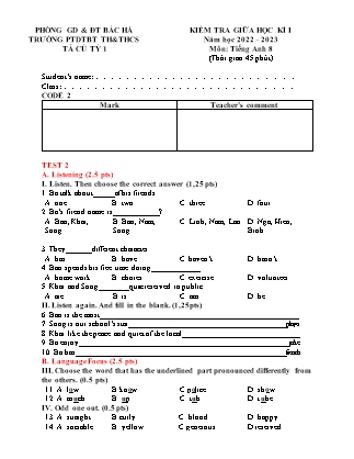 Đề kiểm tra Tiếng Anh Lớp 8 giữa học kì I - Code 2 - Năm học 2022-2023 - Trường Phổ thông Dân tộc Bán trú TH&THCS Tả Củ Tỷ 1