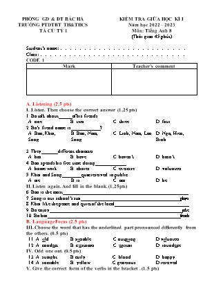 Đề kiểm tra Tiếng Anh Lớp 8 giữa học kì I - Năm học 2022-2023 - Trường Phổ thông Dân tộc Bán trú TH&THCS Tả Củ Tỷ 1