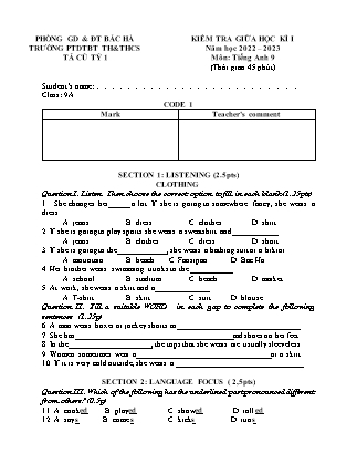 Đề kiểm tra Tiếng Anh Lớp 9 giữa học kì I - Code 1 - Năm học 2022-2023 - Trường Phổ thông Dân tộc Bán trú Tả Củ Tỷ 1