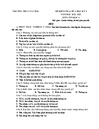 Đề kiểm tra Tin học 6 giữa học kì I - Đề 2 - Năm học 2022-2023 - Trường THCS Tà Chải (Có đáp án + Ma trận)