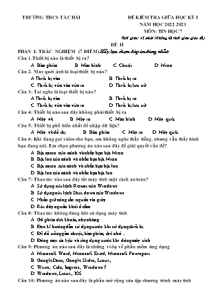 Đề kiểm tra Tin học 7 giữa học kì I - Đề 2 - Năm học 2022-2023 - Trường THCS Tà Chải (Có đáp án)