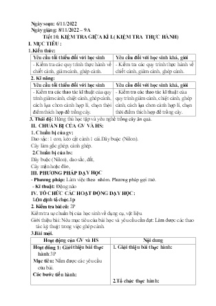 Giáo án Công nghệ 9 - Tiết 10: Kiểm tra giữa kì I (Kiểm tra thực hành) - Năm học 2022-2023