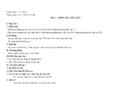 Giáo án Công nghệ 9 - Tiết 11: Kiểm tra giữa kì I - Năm học 2022-2023