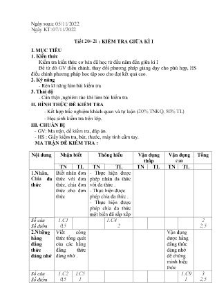 Giáo án Đại số Lớp 8 - Tiết 20+21: Kiểm tra giữa kì I - Năm học 2022-2023 - Nông Đức Trọng