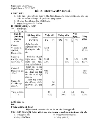 Giáo án Địa lí Lớp 8 - Tiết 13: Kiểm tra giữa học kì I - Năm học 2022-2023 - Đặng Thị Hiền