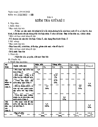 Giáo án Địa lí Lớp 8 - Tiết 9: Kiểm tra giữa kì I - Năm học 2022-2023