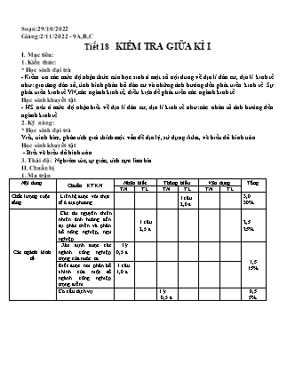 Giáo án Địa lí Lớp 9 - Tiết 18: Kiểm tra giữa học kì I - Năm học 2022-2023