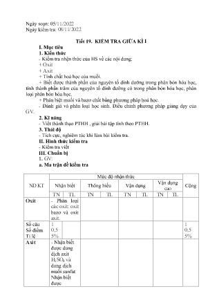 Giáo án Hóa học 9 - Tiết 19: Kiểm tra giữa kì I - Năm học 2022-2023 - Nông Đức Trọng