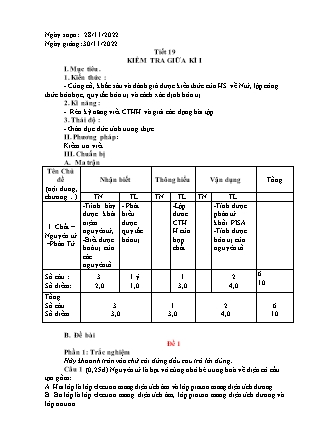Giáo án Hóa học Lớp 8 - Tiết 19: Kiểm tra giữa học kì I - Năm học 2022-2023