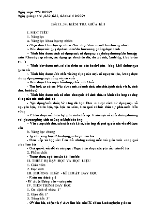 Giáo án Khoa học tự nhiên 6 - Tiết 33+34: Kiểm tra giữa kì I - Năm học 2022-2023