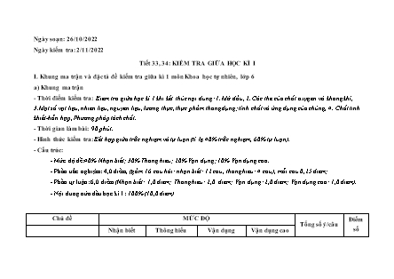 Giáo án Khoa học tự nhiên Lớp 6 - Tiết 33+34: Kiểm tra giữa kì I - Năm học 2022-2023