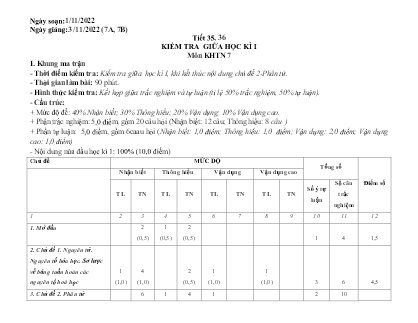 Giáo án Khoa học tự nhiên Lớp 7 - Tiết 35+36: Kiểm tra giữa học kì I - Năm học 2022-2023