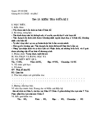Giáo án Lịch sử và Địa lí Lớp 6 - Tiết 13: Kiểm tra giữa học kì I - Năm học 2022-2023 - Trường PTDTBT THCS Thải Giàng Phố