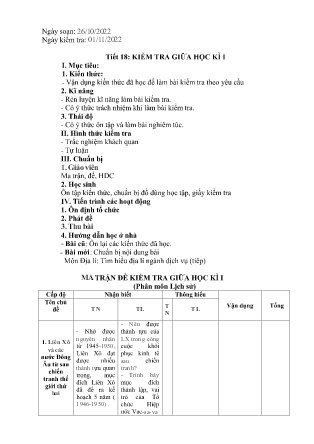 Giáo án Lịch sử và Địa lí Lớp 9 - Tiết 18: Kiểm tra giữa học kì I - Năm học 2022-2023