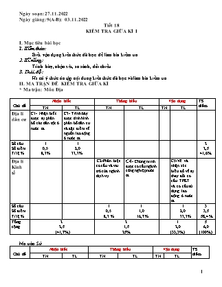 Giáo án Lịch sử và Địa lí Lớp 9 - Tiết 18: Kiểm tra giữa kì I - Năm học 2022-2023 - Trường THCS Tà Chải