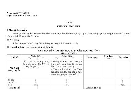 Giáo án Lịch sử và Địa lí Lớp 9 - Tiết 18: Kiểm tra học kì I - Năm học 2022-2023 - Trường PTDTBT THCS Nậm Lúc