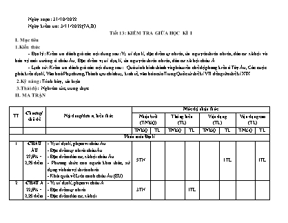 Giáo án môn Lịch sử và Địa lí 7 - Tiết 13: Kiểm tra giữa học kì I - Năm học 2022-2023