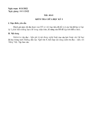 Giáo án Ngữ văn 8 - Tiết 40+41: Kiểm tra giữa học kì I - Năm học 2022-2023