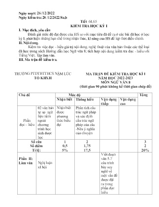 Giáo án Ngữ văn 8 - Tiết 64+65: Kiểm tra học kì I - Năm học 2022-2023 - Trường Phổ thông Dân tộc Bán trú Nậm Lúc