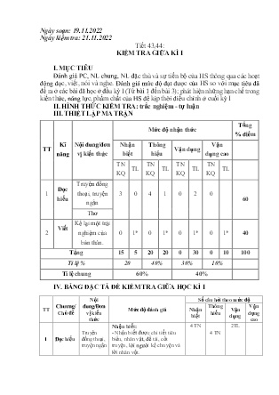 Giáo án Ngữ văn Lớp 6 - Tiết 43+44: Kiểm tra giữa học kì I - Năm học 2022-2023