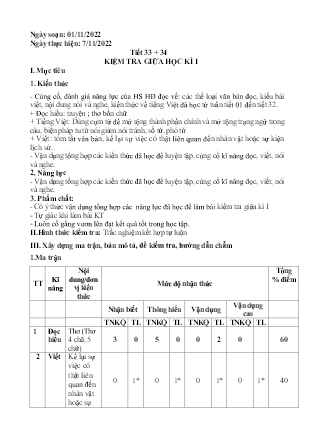 Giáo án Ngữ văn Lớp 7 - Tiết 33+34: Kiểm tra giữa học kì I - Năm học 2022-2023