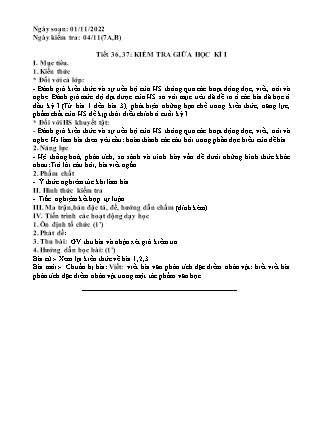 Giáo án Ngữ văn Lớp 7 - Tiết 36+37: Kiểm tra giữa học kì I - Năm học 2022-2023