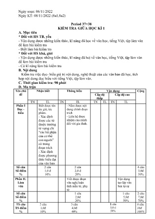 Giáo án Ngữ văn Lớp 8 - Tiết 37+38: Kiểm tra giữa học kì I - Năm học 2022-2023