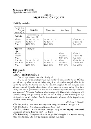 Giáo án Ngữ văn Lớp 8 - Tiết 40+41: Kiểm tra giữa học kì I - Năm học 2022-2023