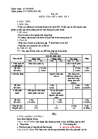 Giáo án Sinh học Lớp 8 - Tiết 18: Kiểm tra giữa học kì I - Năm học 2022-2023