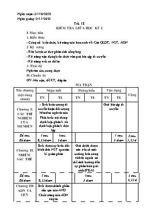 Giáo án Sinh học Lớp 9 - Tiết 18: Kiểm tra giữa học kì I - Năm học 2022-2023
