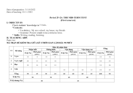 Giáo án Tiếng Anh Lớp 6 - Period 25+26: The mid-term test - Năm học 2022-2023 - La Thị Dịnh