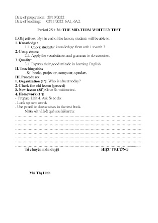 Giáo án Tiếng Anh Lớp 6 - Period 25+26: The mid-term written test - Năm học 2022-2023 - Trường Phổ thông Dân tộc Bán trú THCS Cốc Lầu