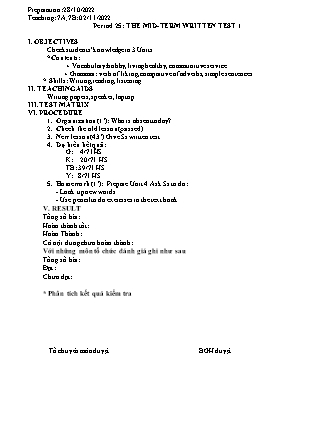 Giáo án Tiếng Anh Lớp 7 - Period 25: The mid-term written test 1 - Năm học 2022-2023
