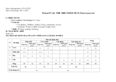 Giáo án Tiếng Anh Lớp 7 - Period 25+26: The mid-term test (First term test) - Năm học 2022-2023 - La Thị Dịnh