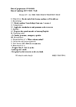 Giáo án Tiếng Anh Lớp 7 - Period 25+26: The mid term written test - Năm học 2022-2023 - Trường Phổ thông Dân tộc Bán trú THCS Nậm Đét