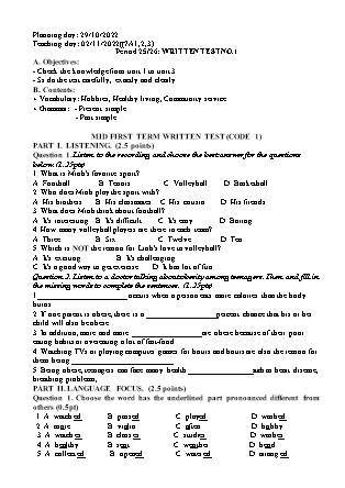 Giáo án Tiếng Anh Lớp 7 - Period 25+26: Written test no 1 - Năm học 2022-2023