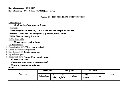 Giáo án Tiếng Anh Lớp 8 - Period 25 đến 27 - Năm học 2022-2023
