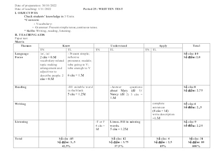 Giáo án Tiếng Anh Lớp 8 - Period 25: Written test - Năm học 2022-2023 - La Thị Dịnh