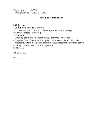 Giáo án Tiếng Anh Lớp 8 - Period 26: Written test - Năm học 2022-2023 - Trường Phổ thông Dân tộc Bán trú THCS Hoàng Thu Phố