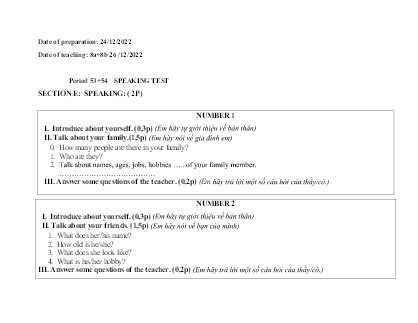 Giáo án Tiếng Anh Lớp 8 - Period 52 đến 54: Speaking + Written test - Năm học 2022-2023 - Trường Phổ thông Dân tộc Bán trú THCS Nậm lúc
