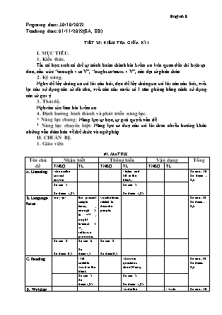 Giáo án Tiếng Anh Lớp 8 - Tiết 25: Kiểm tra giữa kì I - Năm học 2022-2023 - Thèn Văn Lâm